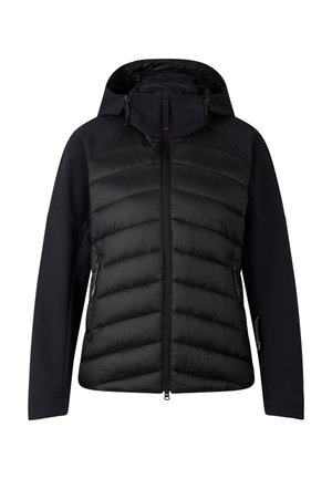 Doudoune noire avec capuche, ayant un devant matelassé, des manches lisses, des poches latérales et une fermeture éclair à l'avant.