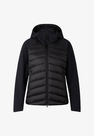 Czarna kurtka puchowa z kapturem, z pikowaną przednią częścią, gładkimi rękawami, bocznymi kieszeniami oraz zapięciem na zamek błyskawiczny z przodu.
