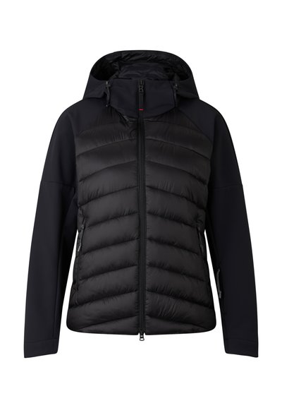 Černá péřová bunda s kapucí, se šitým předním dílem, hladkými rukávy, bočními kapsami a předním zipem.