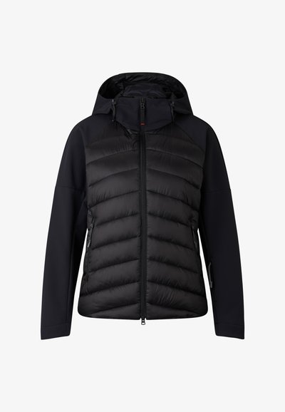 Černá péřová bunda s kapucí, se šitým předním dílem, hladkými rukávy, bočními kapsami a předním zipem.