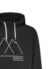Zwarte hoodie met een frontsilhouet van bergen in het wit. Inclusief een capuchon met koord en het logo "PROTEST" onderaan.