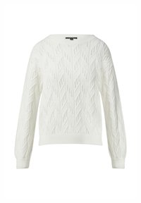 White knit sweater with diamond-patterned texture, wide neckline, and long sleeves. Features ribbed cuffs and hem for defined edges.