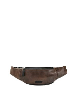 Brązowa skórzana saszetka na pas z czarnym zamkiem i regulowanym paskiem, etykieta marki umieszczona pod zamkiem na środku.