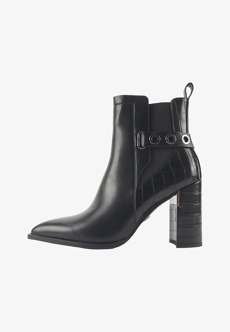 Black leather ankle boots with a pointed toe, featuring crocodile-patterned accents and a chunky heel. Adjustable strap with metal hardware.