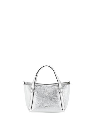 Silberne lederne Tote-Bag mit strukturiertem Finish, doppelten Griffen und einem Reißverschluss. Merkmale ein minimalistisches Design und robuste Verarbeitung.