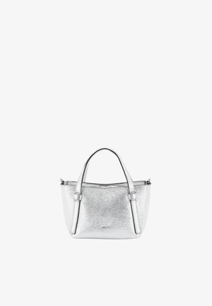 Silver leather tote bag with a textured finish, dual handles, and a zip closure. Features a minimalist design and sturdy construction.