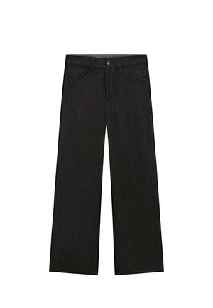 Black wide-leg denim jeans with front button and zipper, two front pockets, and belt loops, displayed on a white background.