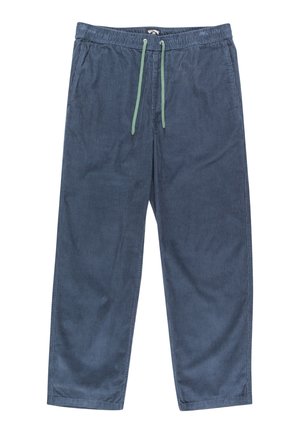 Blue corduroy trousers with a relaxed fit, featuring an elastic waistband and green drawstring. Vertical ribbed texture throughout.