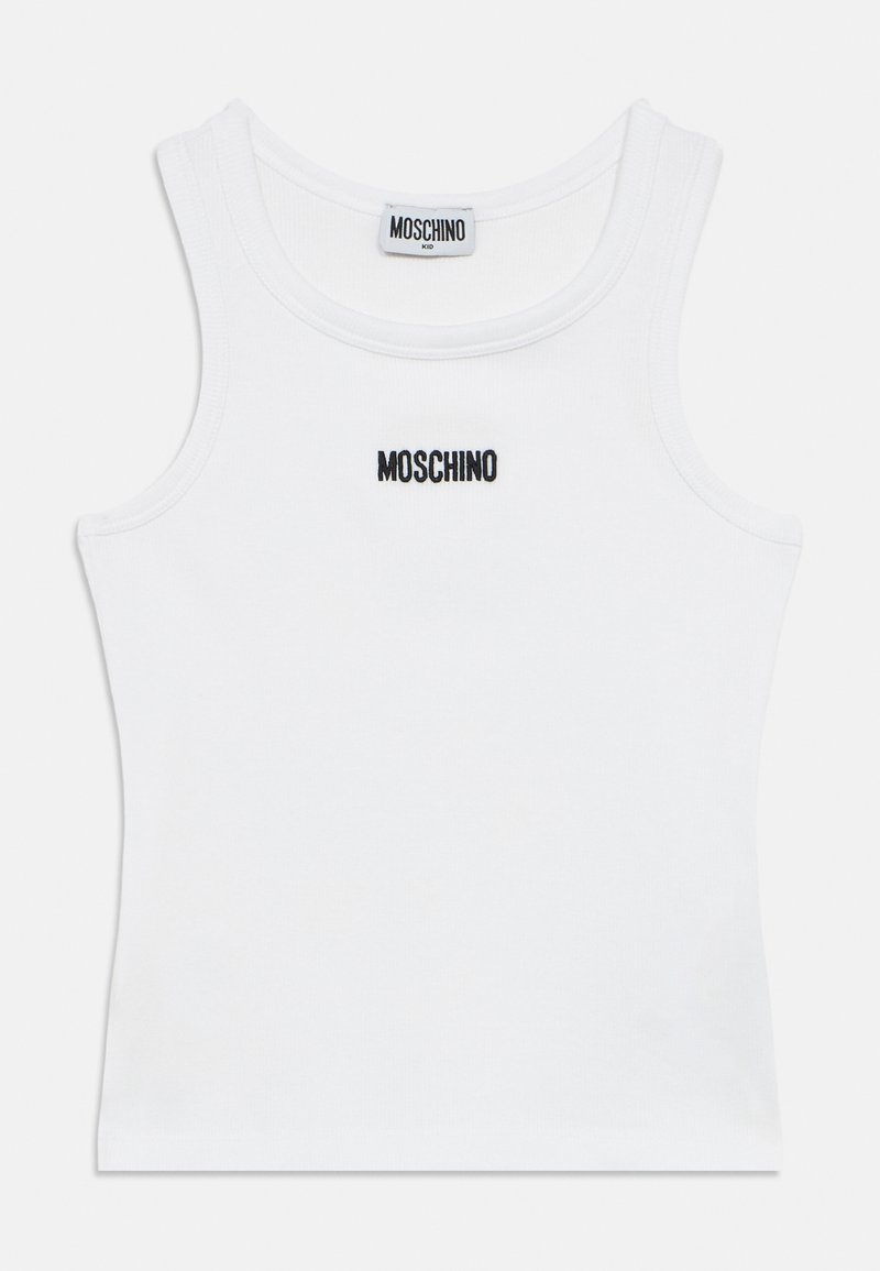 Λευκό βαμβακερό κοντομάνικο τοπ με στρογγυλεμένο λαιμόκοψη και κεντημένο μαύρο λογότυπο "Moschino" στο μπροστινό μέρος. Μαλακή υφή, εφαρμοστό σχέδιο.