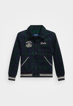 Plaid jacket in dark green and navy, featuring embroidered details, snap buttons, and striped accents on the cuffs and hem. Two side pockets.