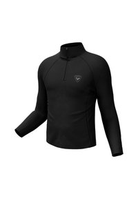Schwarzer Langarm-Pullover mit Reißverschluss am Hals, aus strukturiertem Stoff. Verfügt über Raglanärmel und ein dezentes Logo auf der Brust.