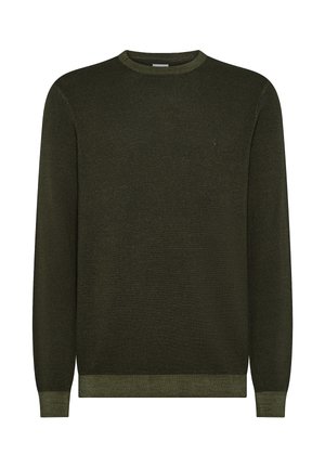 Maglione verde scuro con un design a maglia testurizzato, colletto, polsini e orlo a coste. Dettaglio del logo piccolo sul petto.