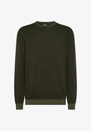 Maglione verde scuro con un design a maglia testurizzato, colletto, polsini e orlo a coste. Dettaglio del logo piccolo sul petto.