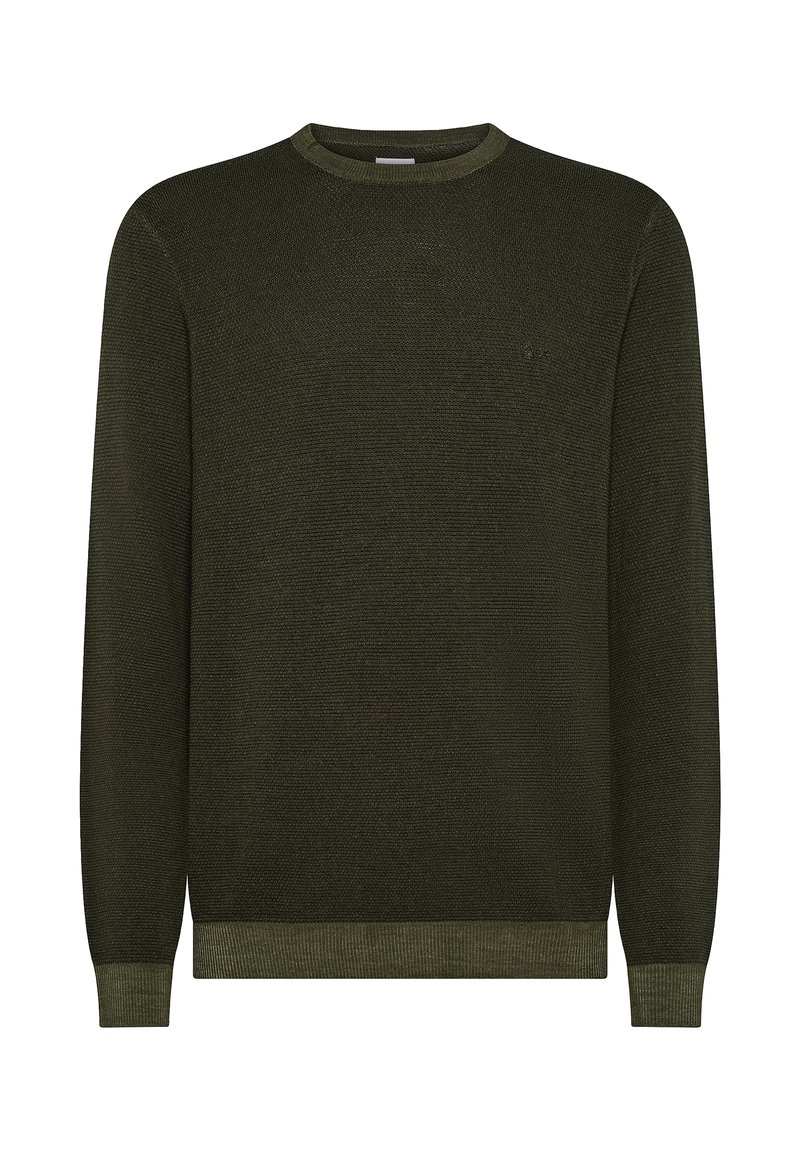 Maglione verde scuro con un design a maglia testurizzato, colletto, polsini e orlo a coste. Dettaglio del logo piccolo sul petto.