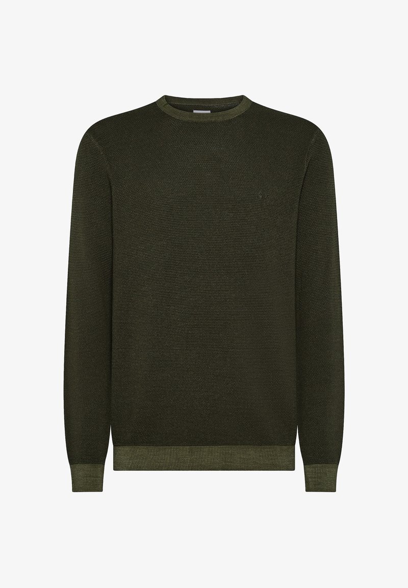 Maglione verde scuro con un design a maglia testurizzato, colletto, polsini e orlo a coste. Dettaglio del logo piccolo sul petto.