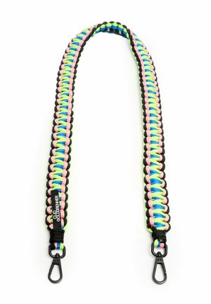 Multicolored paracord strap with a woven design. Features black hardware and accents in pink, blue, green, and black colors. Durable material.