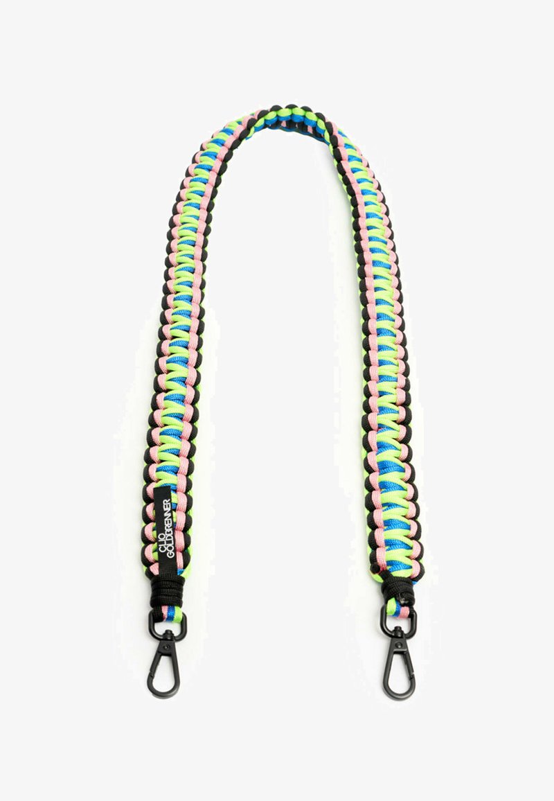 Multikleurige paracordriem met een geweven ontwerp. Heeft zwarte hardware en accenten in roze, blauw, groen en zwart. Duurzaam materiaal.