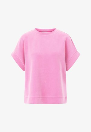 Rožinės medvilnės mišinį turinčios trumpomis rankovėmis džemperis su apvaliu iškirpimu, laisva siluetu ir lygia tekstūra. Paprastas dizainas be raštų ar detalių.