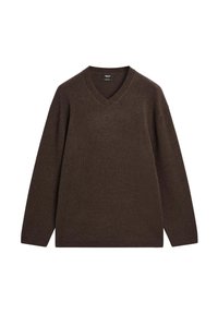 Brun v-ringad tröja i mjukt stickat tyg med långa ärmar och ribbade muddar, som har en enkel och ren design samt hållbarhet.