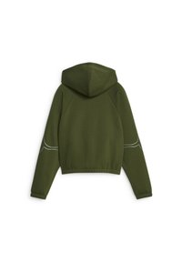 Groene hoodie met een getailleerd ontwerp, gestructureerde stof en een ruime capuchon. Voorzien van witte accenten op de mouwen en elastische boorden.