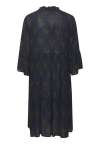 Abito blu navy con un motivo floreale in verde oliva scuro, caratterizzato da una scollatura arricciata e maniche a campana, realizzato in tessuto leggero.
