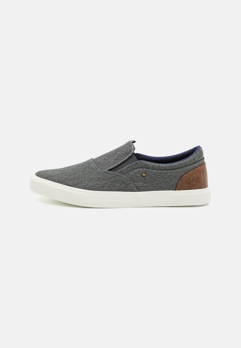 Gray slip-on shoes with a textured fabric upper, white rubber sole, and brown leather accent on the heel. Navy lining and no visible laces.