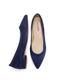 Ballerine in suede blu navy con punta affusolata e tacco basso a blocco. Presentano una fodera interna liscia e un bordo elasticizzato per il massimo comfort.