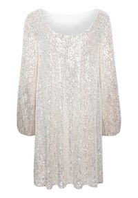 Robe blanche à manches longues recouverte de sequins argentés avec un col rond et des poignets légèrement froncés.