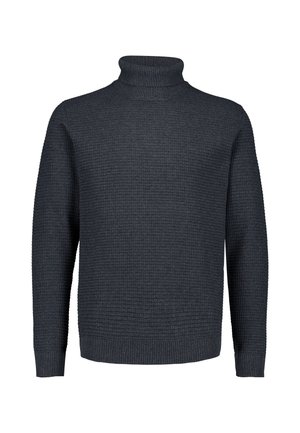 Ciemnoszary dzianinowy sweter z golfem, długimi rękawami oraz ściągaczowymi kołnierzem, mankietami i dołem.