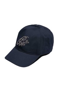 Navy blue cap made of cotton with an embroidered design featuring a cursive letter and floral accents on the front. Curved brim.