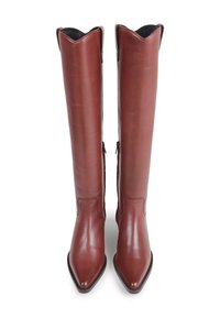 Pair of tall, pointed-toe, brown leather boots with a slight western-style top edge and side zippers, shown from front view.
