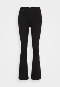 Mustat leveälahkeiset farkut, joissa on korkea vyötärö, valmistettu denimistä. Ominaisuuksia ovat istuva yläosa ja levenevät lahkeet, jotka korostavat hoikkaa siluettia.