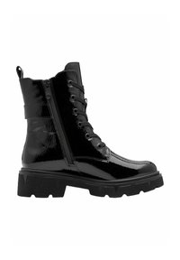 Schwarze lacklederne Stiefeletten mit runder Zehenpartie, seitlichem Reißverschluss und schnürbarem Vorderteil. Verfügt über eine klobige Gummisohle mit geometrischem Muster.