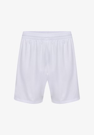 Witte sportshorts met een elastische tailleband, een gladde textuur en een losse pasvorm. Eenvoudig ontwerp, geen patronen of extra accenten.