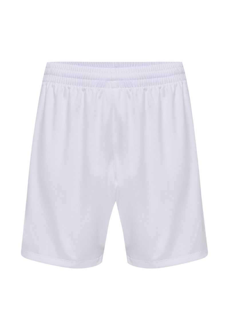 Pantalones cortos deportivos blancos con cintura elástica, textura suave y corte holgado. Diseño simple, sin patrones ni acentos adicionales.
