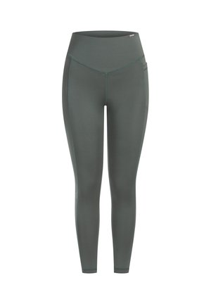Leggings taille haute, vert foncé, avec une texture lisse, comportant des poches latérales et un design sans coutures. Fabriqués en matériau extensible.