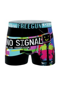 Boxer shorts noirs avec un design graphique audacieux aux couleurs vives, personnage sérigraphié et une large ceinture élastique marquée "FREEGUN."