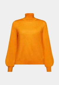 Pull à col roulé orange en matière tricotée douce. Comprend des manches longues avec des poignets élastiques et une silhouette ajustée.