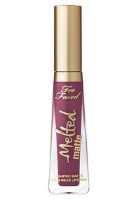 Liquid matte lipstick in mauve shade with gold cap labeled "Too Faced Melted matte" and "Liquified Matte Long Wear Lipstick."