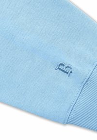 Lichtblauwe sweatshirt met een textuurstof, geribde manchetten en een klein geborduurd logo in de onderste hoek.