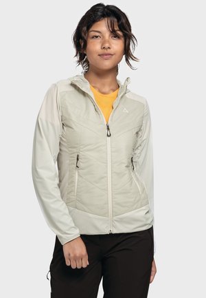 Leichte, zip-up Jacke in hellbeige mit Kapuze. Verfügt über eine gesteppten Textur, zwei Fronttaschen und ein Berg-Logo auf der Brust.