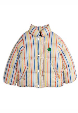 Veste rembourrée avec col montant, présentant des rayures verticales en jaune, rouge et bleu, avec une broderie de trèfle vert sur la poitrine. Deux poches latérales.