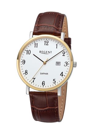 Brown leather strap, round silver case, white dial with black numbers, gold accents, and a date window, marked "REGENT" and "SAPHIR."