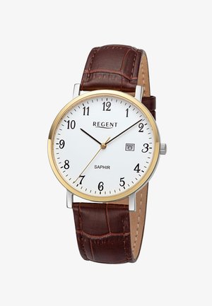 Brown leather strap, round silver case, white dial with black numbers, gold accents, and a date window, marked "REGENT" and "SAPHIR."