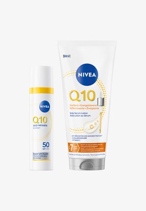 NIVEA Q10 Anti-Falten SPF 50 tägliches UV-Fluid und Q10 Körperserum-Lotion mit Hyaluronsäure und Vitamin C, Verpackung in Weiß mit blauen und gelben Akzenten.