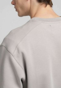 Felpa grigio chiaro con vestibilità rilassata, scollatura a costine e cuciture visibili lungo le maniche raglan. Texture morbida, design casual.