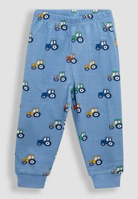 Lichtblauwe katoenen pyjamabroek met een all-over print van kleurrijke tractors in verschillende tinten, met ribgebreide manchetten en een tailleband.