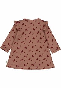 Šaty s dlouhým rukávem v jemně růžovém ribbovaném materiálu s vzorem bobulí, s volány na ramenech a kulatým výstřihem.