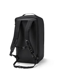 Black backpack with a rectangular shape, made from durable material. Features padded shoulder straps and adjustable buckles for secure fit.
