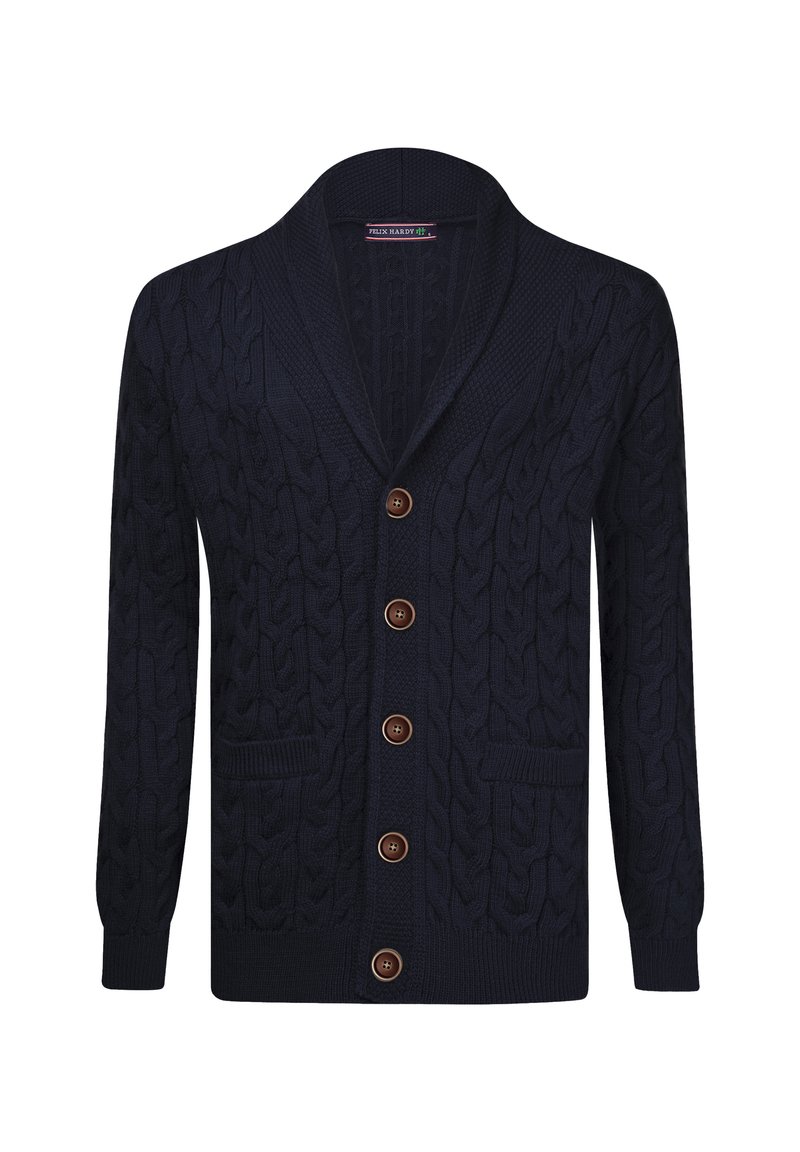 Cardigan in blu navy a maglia cable-knit con colletto a scialle, cinque bottoni in legno e due tasche frontali, caratterizzato da un motivo di maglia testurizzata.